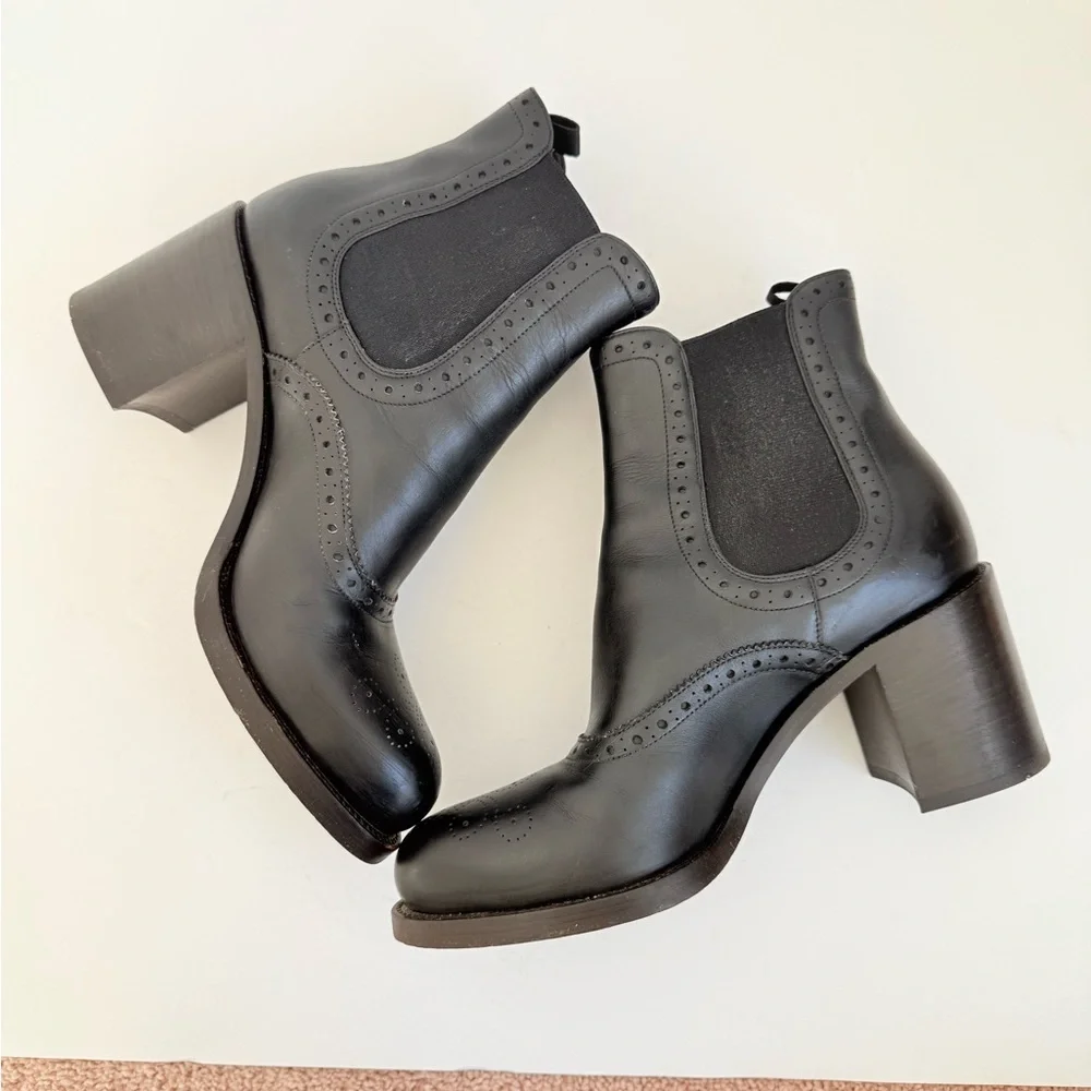 Prada Milano Black Leather Brogue Chelsea Ankle Boots Block Heels EU 39